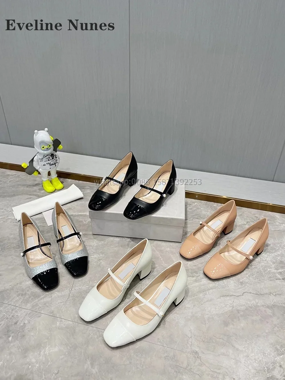 Pearl Buckle Strap Shiny Pumps Square Toe Height Increasing Patent Leather Women High Heels Mixed Colors Mary Janes Sweet Shoes