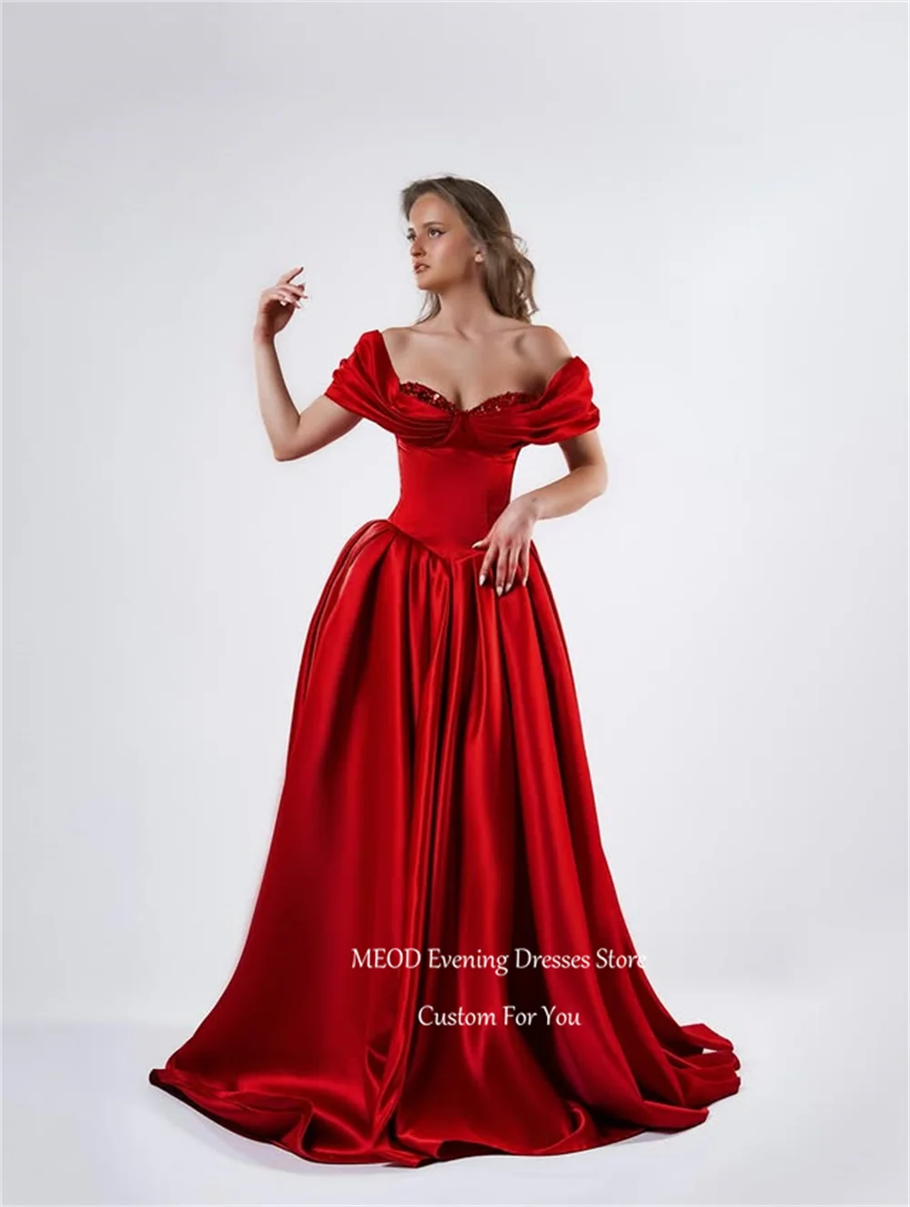 MEOD Rotes, herzförmiges Abendkleid in A-Linie mit Pailletten, rückenfrei, Robe De Mariée, schulterfrei, Ballkleider für Damen, individuell gestaltet