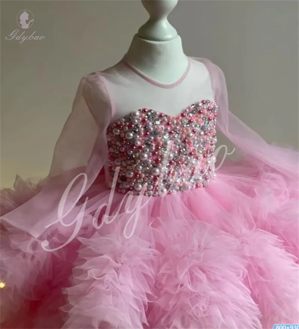 Vestidos de niña de flores con perlas y cuentas, vestido rosa de manga larga esponjoso para fiesta de cumpleaños, desfile hinchado escalonado, vestido de primera comunión