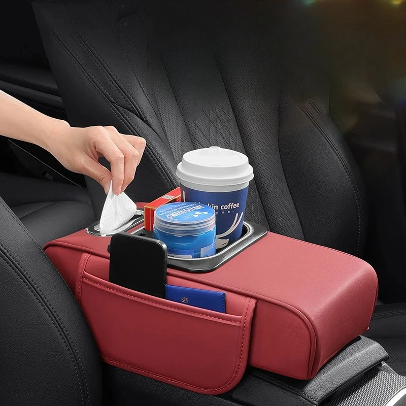 

Car Armrest Cushion Leather Center Console Cover LED Ambient Lighting,with Storage Bags Phone Slot Charging Port Tissue Holder