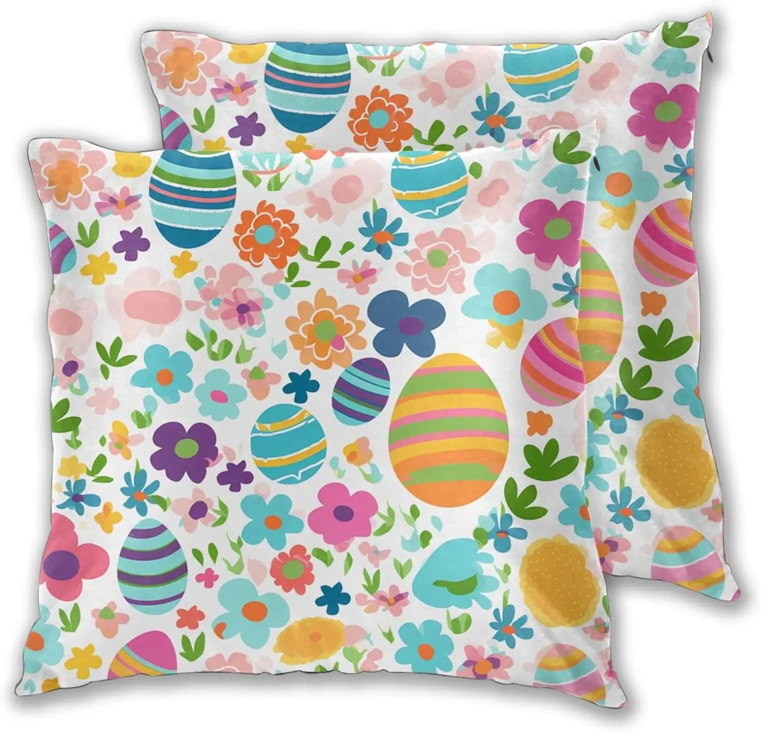 Colorful Easter Egg and Flowers Dot Pattern Throw Pillow Covers Set of 2 Square Decorative Pillowcase Pillow Cases Home Couch