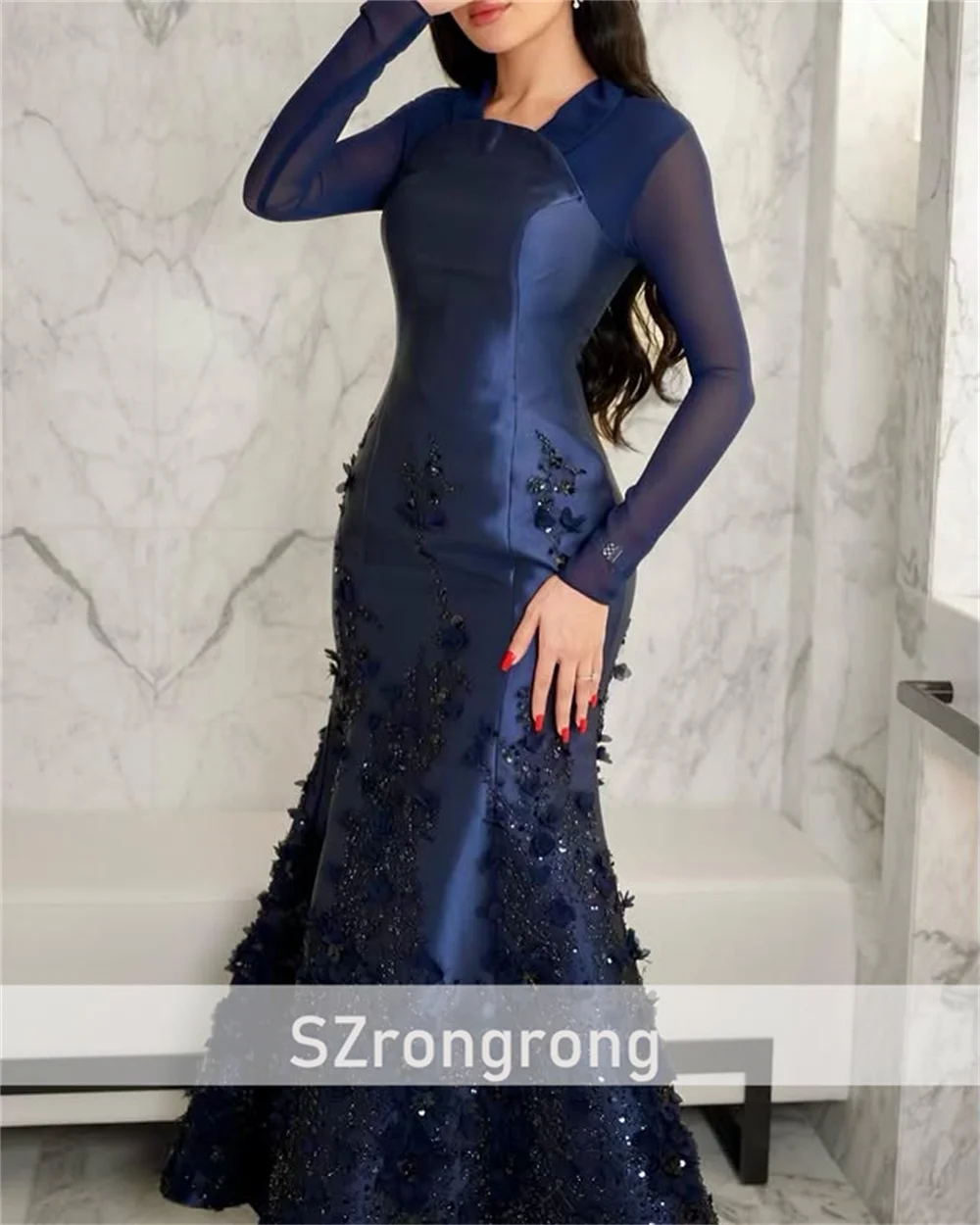 Merveilleux robe de soirée florale en Satin perlé, col rond, gaine, longueur au sol, robe de bal brillante à manches longues, arabe saoudien, personnalisée