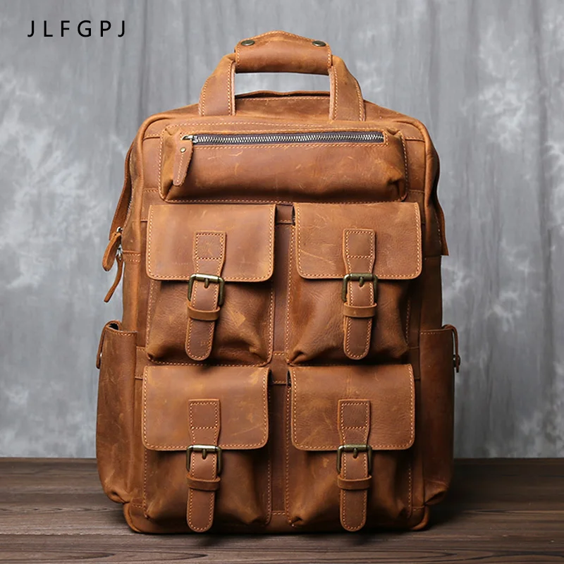 

Vintage Genuine Leather Men's Backpack Top Layer Cowhide Large Capacity Outdoor Travel Bag Tide