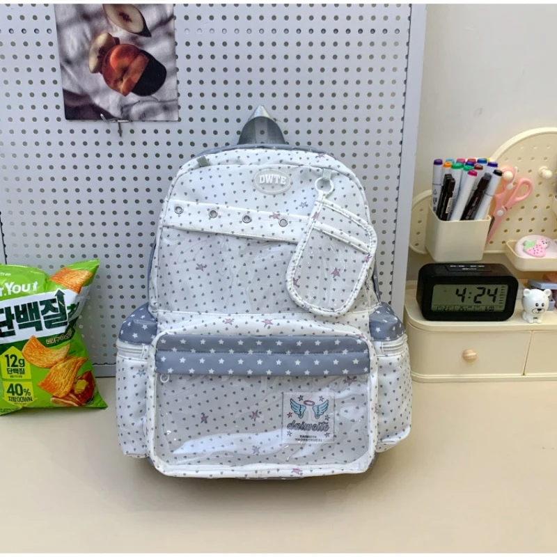 Modischer Rucksack mit transparentem Sichtfenster, großes Fassungsvermögen, gepunktete Schultasche für Teenager-Mädchen, leichte Büchertasche – Detail 1
