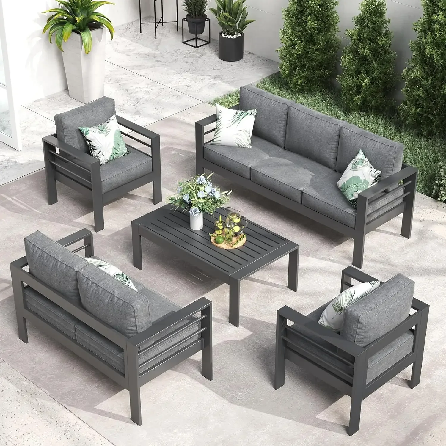 Outdoor Aluminum Furniture Set, 5 Pieces Patio Sectional Conversation Chat Sofa Modern Seating Set with Coffee Table