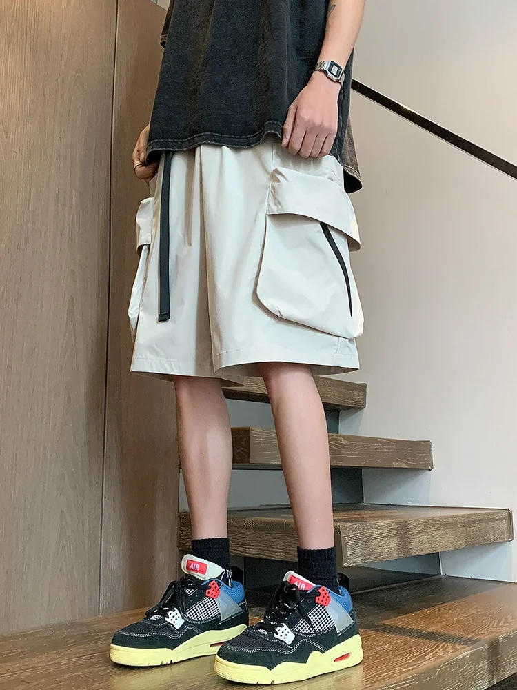 ملابس عمل Qui Dry orts للرجال صيفية من الحرير الجليدي بأرجل مستقيمة فضفاضة للمراهقين الأمريكية وظيفية مقاس كبير خمسة منافذ