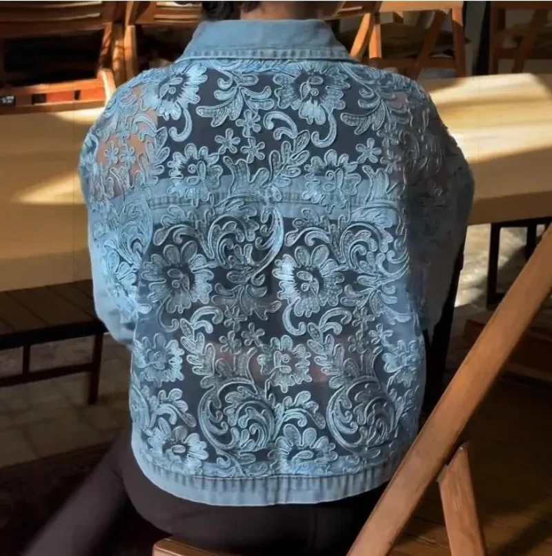 Y2k Women See Through Lace Patchwork Denim Jacket Casual Loose Button Up Jean Coat Autumn Long Sleeve Streetwear Outerwear