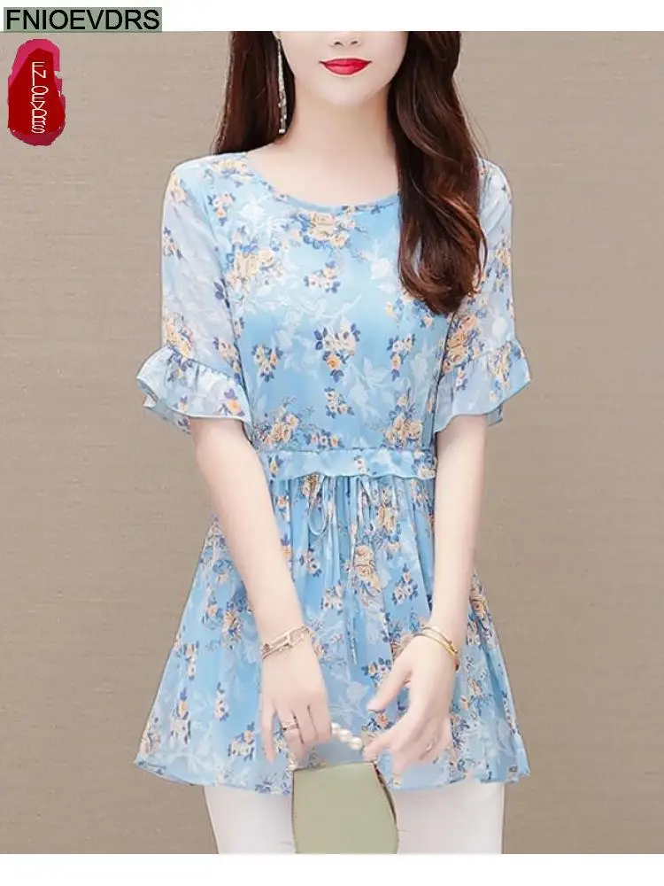 2022 Women Flower Floral Printing Long Tunic Drawstring Lace-Up Chiffon Shirt Blouses Bow Tie Retro Vintage Loose Peplum Tops