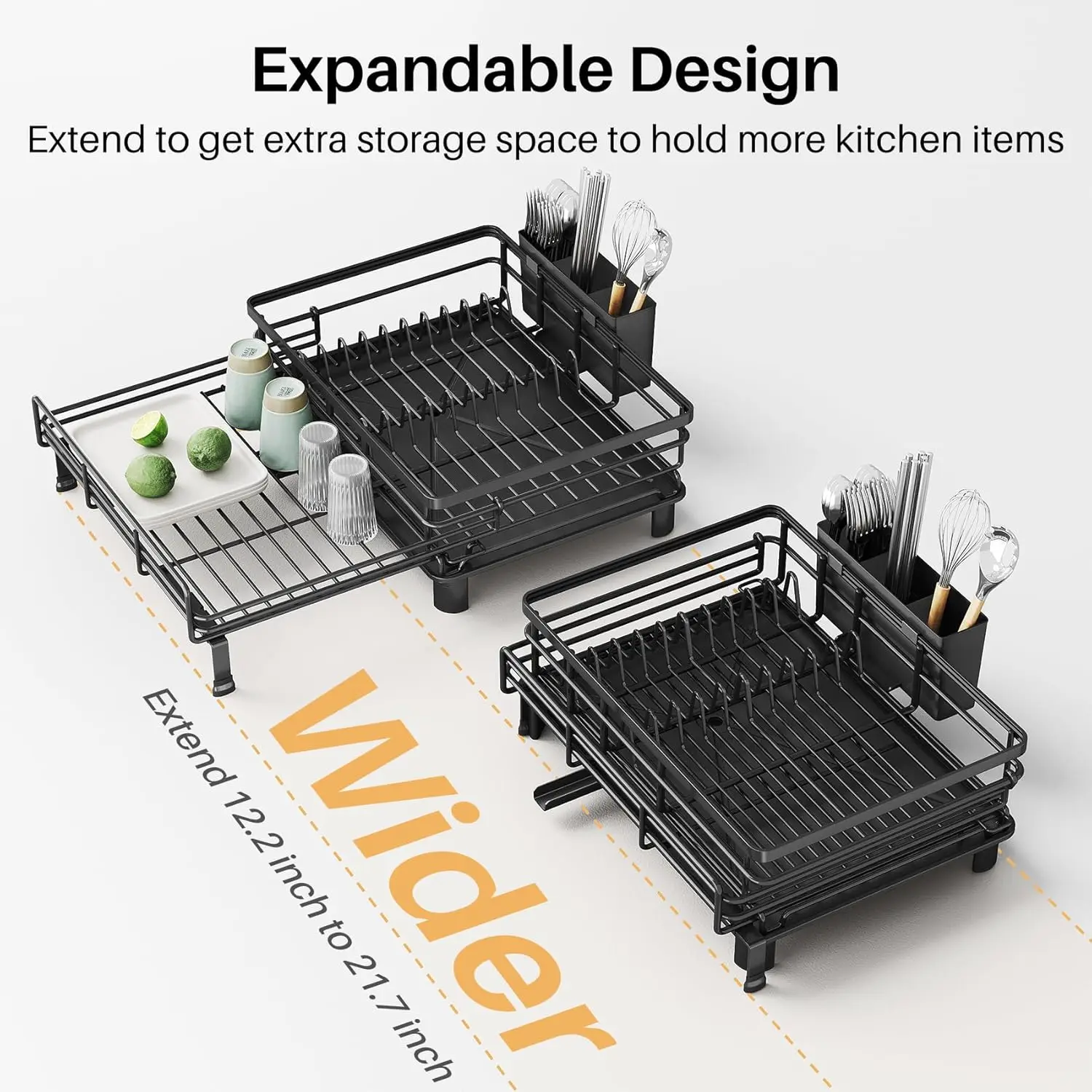 Extendable Dish Drying Rack with Utensil Holder, Large Stainless Steel Sink Drainer for Kitchen Counter in Black