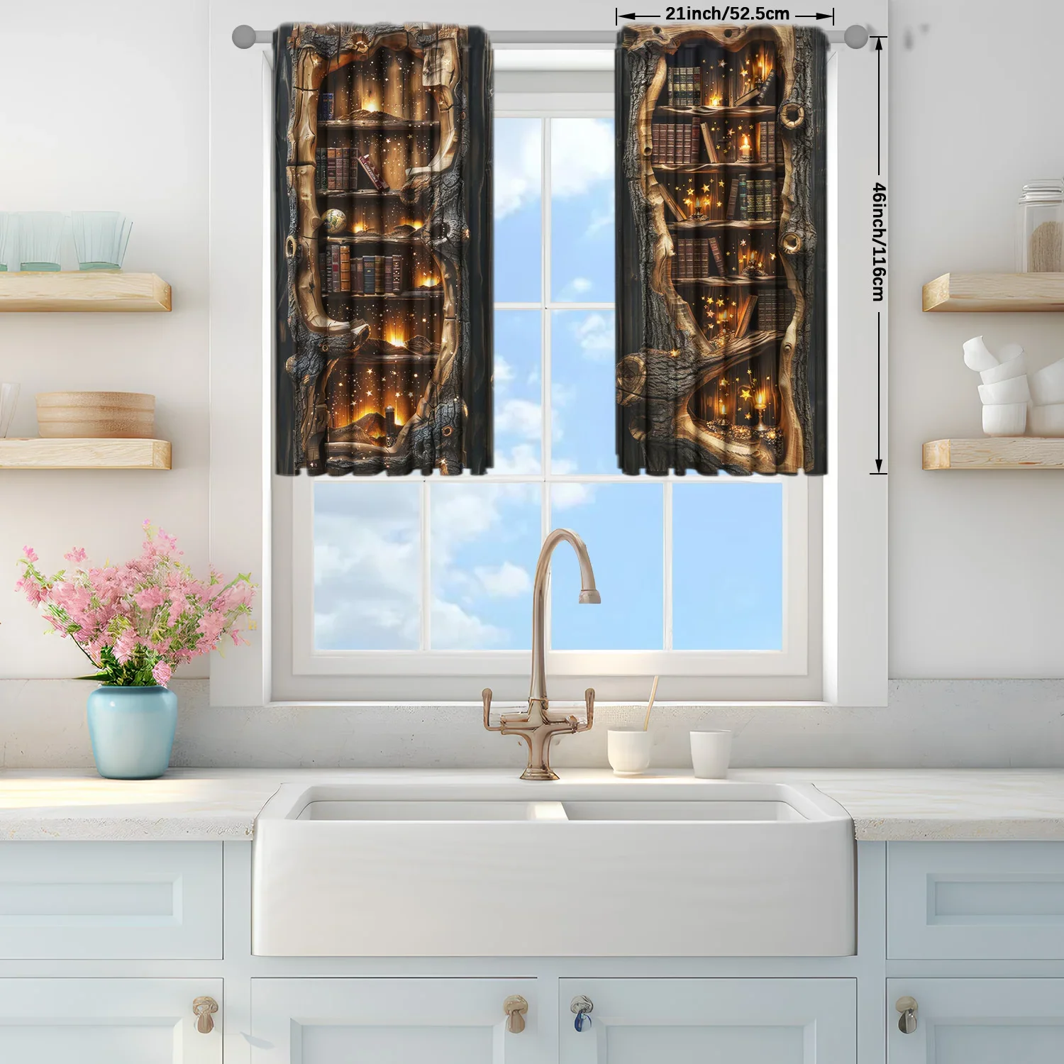 2pcs Tree Hole Bookshelf Printed Curtain - Artistic Home Decoration Curtains, All Season Decorative Curtains