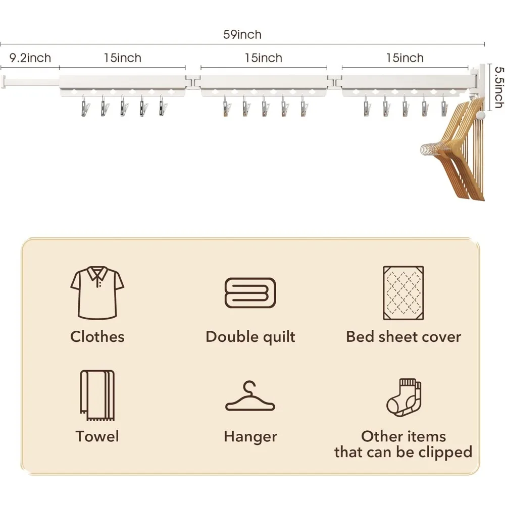 رف تجفيف الملابس القابل للطي المثبت على الحائط قابل للسحب للغسيل والتخزين