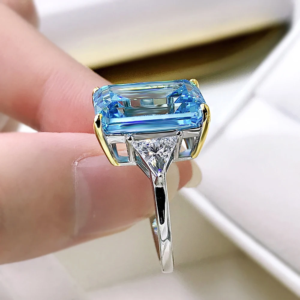 Luxury 100% 925 Real Silver 10*14mm Aquamarine High Carbon Diamond Rings for Women Gemstone Wedding Band Party Fine Jewelry Gift