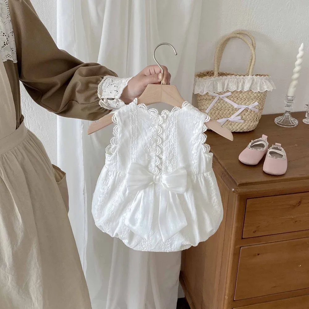 INS Summer Baby Girl Romper 0-2Years Newborn Princess Solid White Sleeveless Back Bow Cotton Bodysuit Outfits Sunsuit Clothes