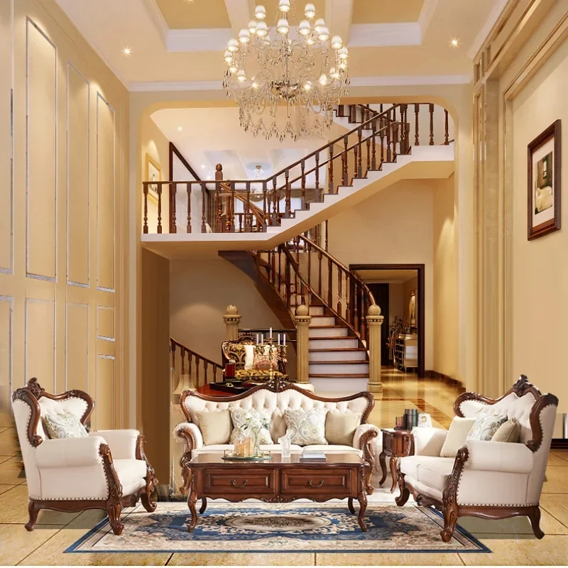

American all-solid wood cowhide sofa European light luxury large apartment carved high-end luxury