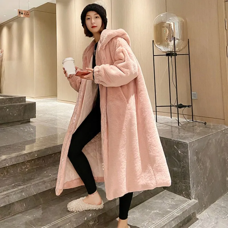 

Winter Women High Quality Hooded Long Fur Coat 2023 Autumn Winter Thick Warm Zip Overcoat Elegant Office Lady Outerwear