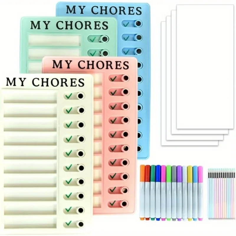 Set of 4 chore charts, checklist boards with 8 removable cards for daily routine charts, family daily planners