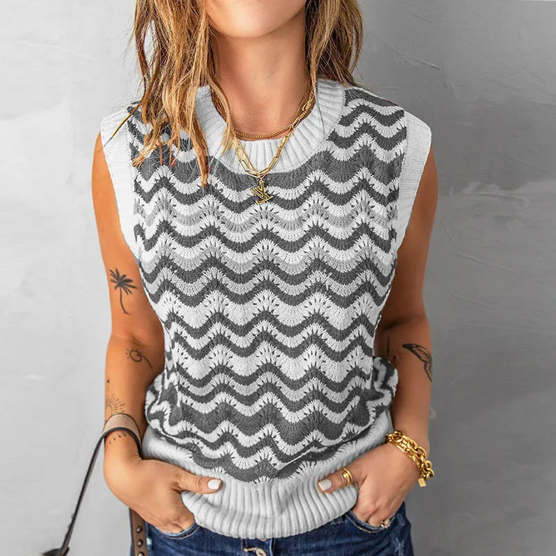 Women Stripe Rib Knit Vest Lady casual o neck sleeveless sweater Summer Elegant hollow out knitwear 3XL