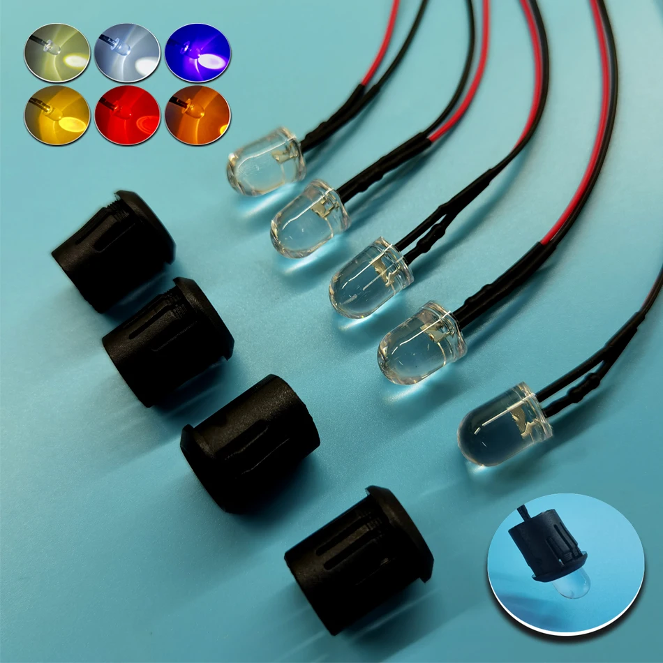 20PCS 10mm LED beads 2PIN 12V 24V Red Green Blue white UV Orange Pink LED Round Pre-Wired Water Clear LED With Plastic Holder