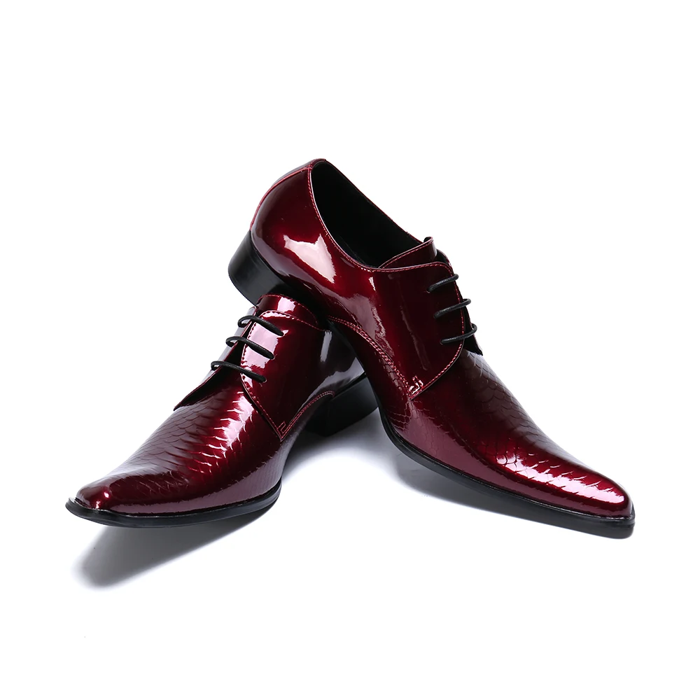 

Luxury Red Lacquer Leather Pointed Toe Men Lace Up Shoes Wedding Party Banquet Shoes Elegant Business Big Size Male Formal Shoes