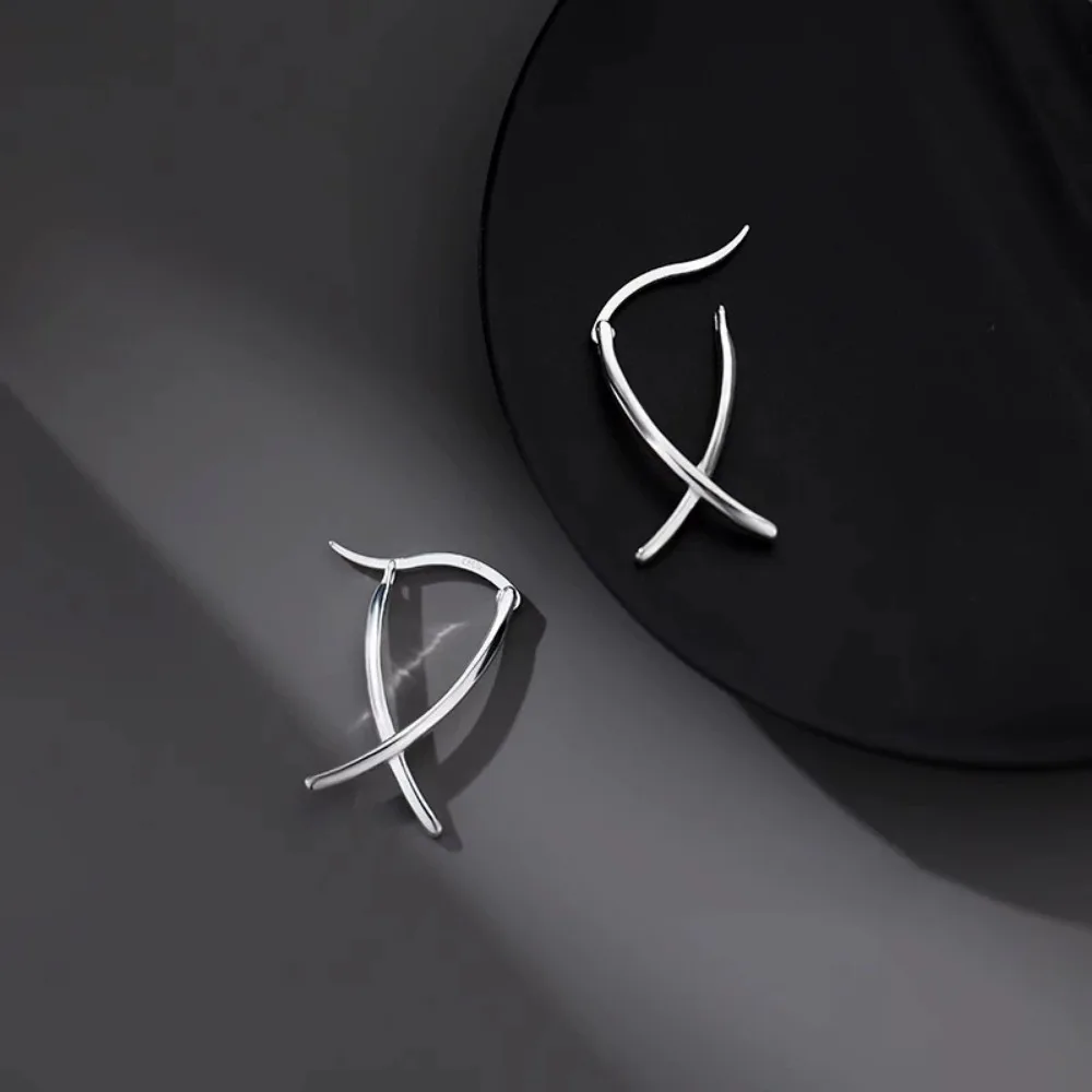 Minimalist 925 Sterling Silver Silver Color Line Intersection X-shaped Hoop Earrings for Women Fashion Stud Earrings Jewelry