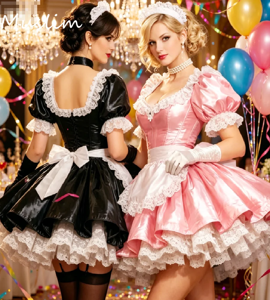 

French Maid Costume Satin Prom Dress Frilly Lace Black Pink Halloween Cosplay Outfit Evening Gown Role Play Mini Short Party