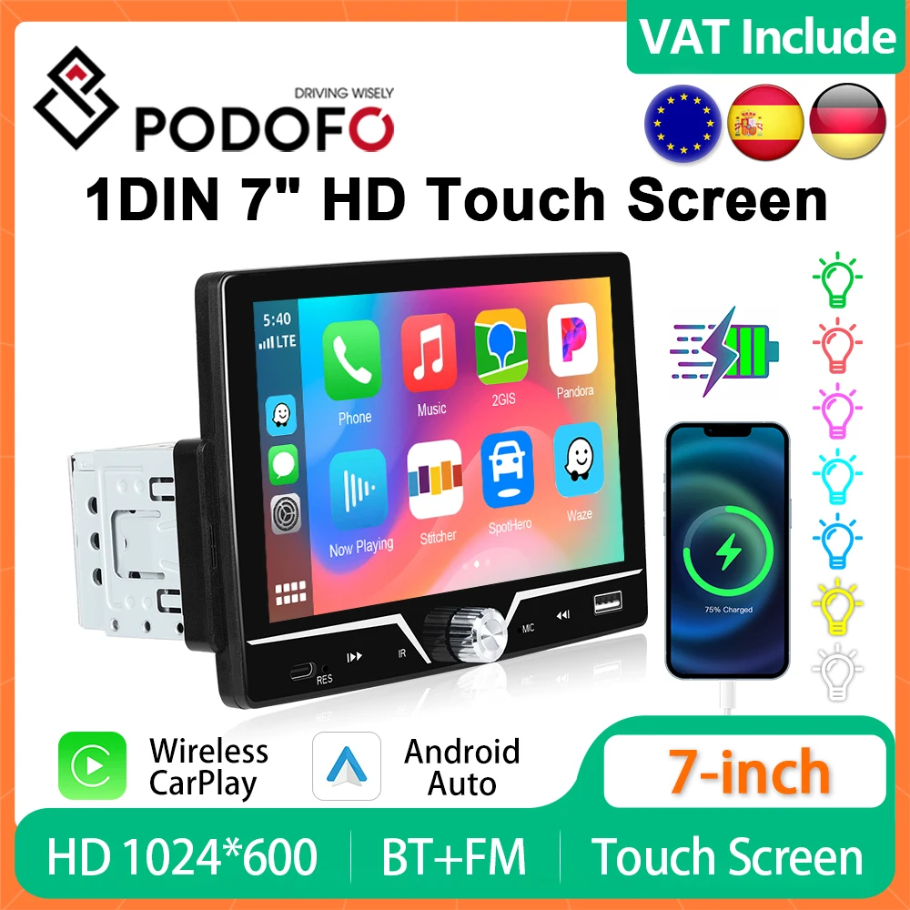 Podofo 7 "1Din CarPlay أندرويد راديو السيارة التلقائي الوسائط المتعددة فيديو MP5 لاعب شاشة تعمل باللمس العالمي Autoradio ستيريو USB شحن #1