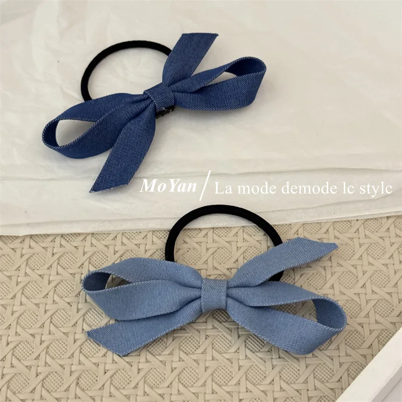 Retro denim color bow hair rope female port style ponytail tie head rope versatile hair band high elastic rubber band