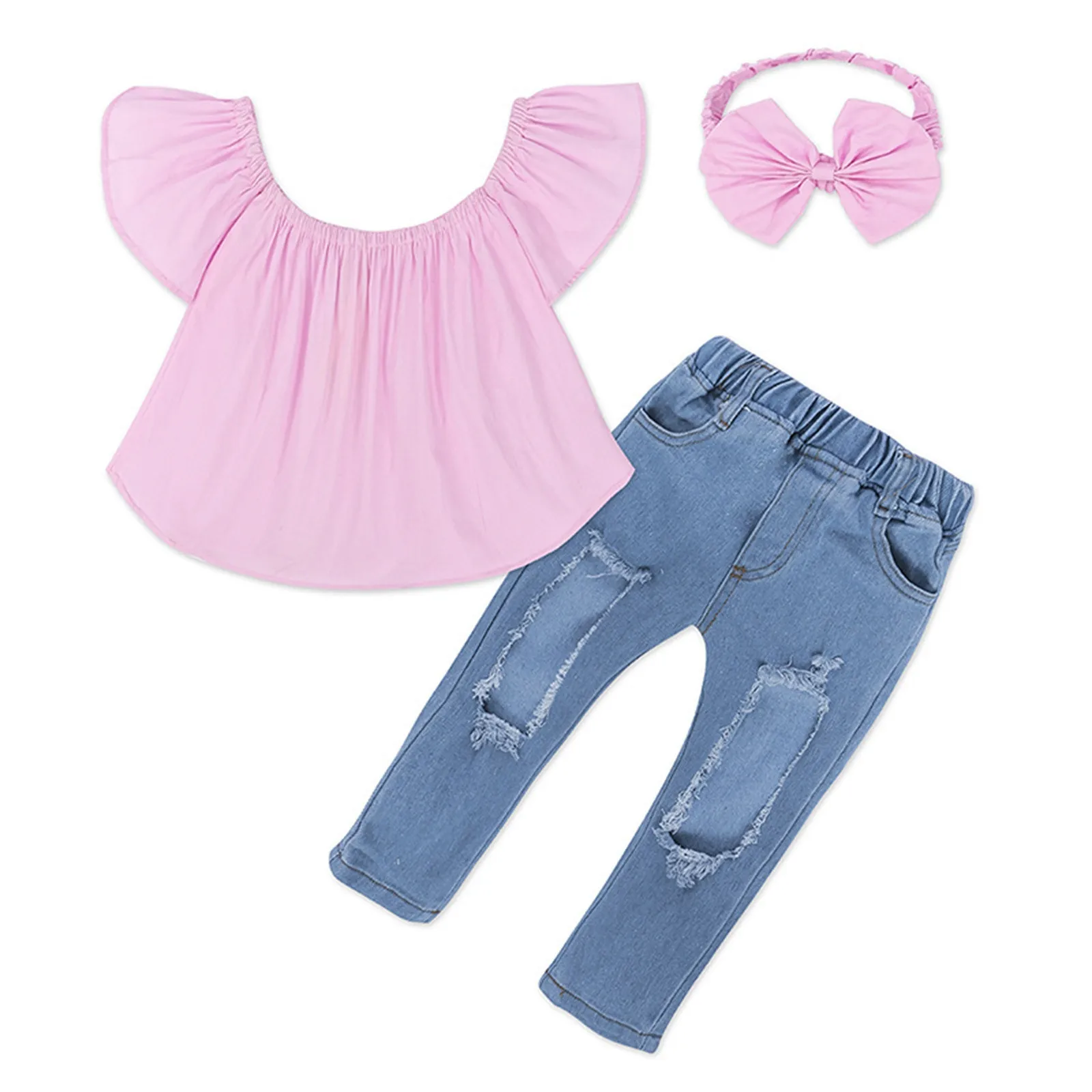 Toddler Kids Girls Clothes Sets Summer Off Shoulder Tops+Hole Denim Jeans+Headwear Sets 3Pcs Outfits Clothes 1 2 3 4 5 6 7 Years