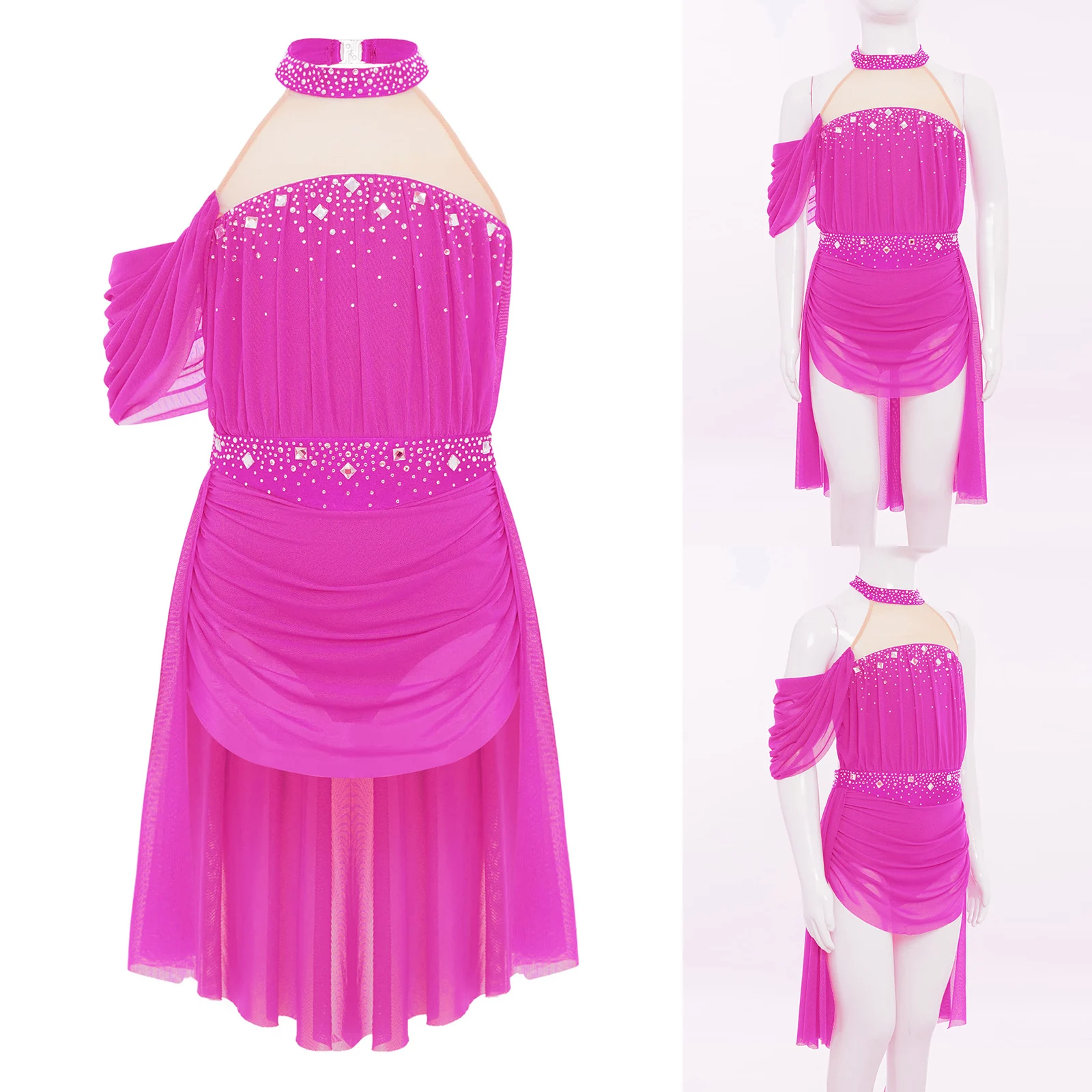 

Kids Girls Ballet Leotard Dress Gymnastics Lyrical Dress Halter Backless Cutout Back Rhinestones Ruched for Stage Performance