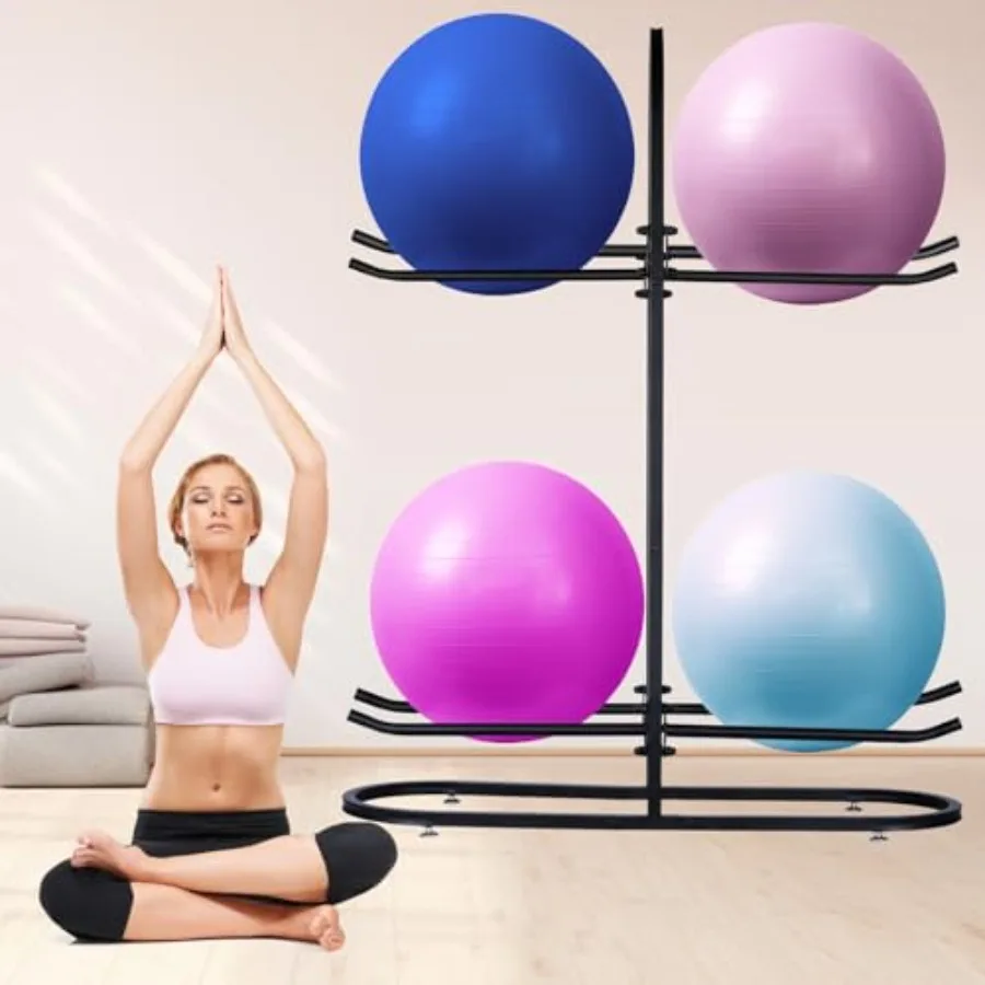 Home Gym Commercial Gym Stability Ball Rack: Durable Steel Black Holds Exercise Medicine Yoga Balls + Mats