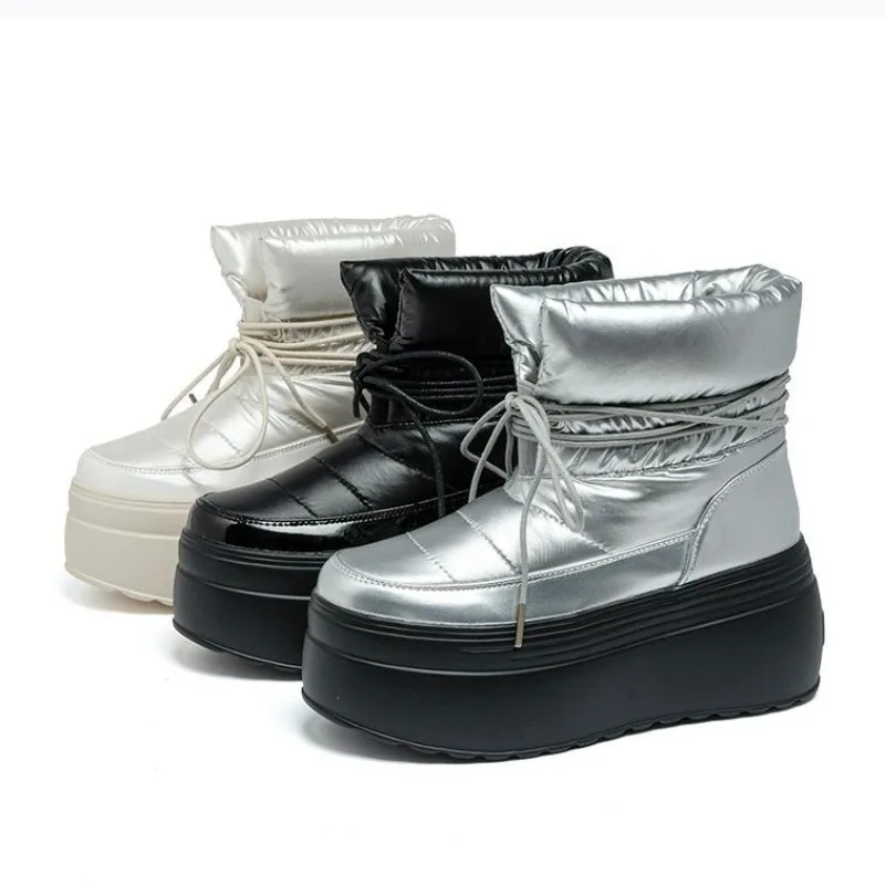

8CM Winter Autumn Lace-up Ankle Boots Women Snow Boots High Brand Design Platform Waterproof Non-slip Cotton Boots Woman Booties