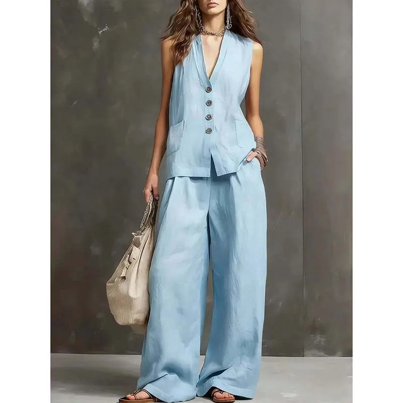 

2026 New Women Sleeveless Vest and Wide-Leg Pants Cotton Linen Two-Piece Set Spring Summer Women Vest Top + Pants Two-Piece Set