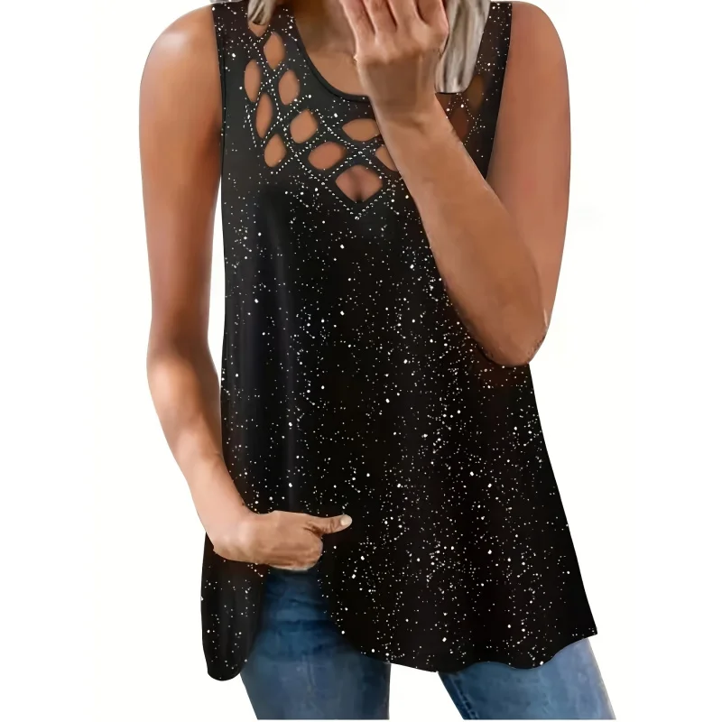 New Spring and Summer Fashion Elegant Hollow Out Sleeveless Vest Solid Color-Shirt Women