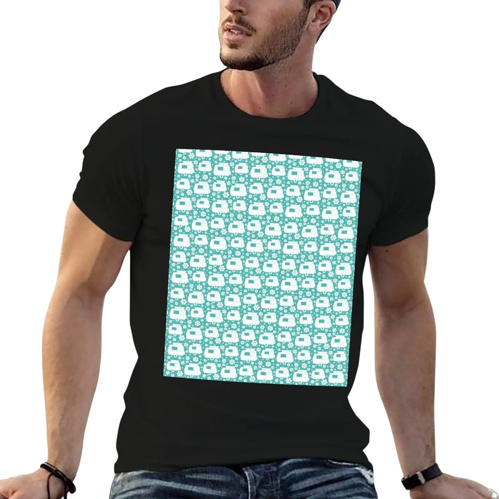 Daisy Polka Dot Vintage Caravan Pattern in Turquoise and White T-Shirt Casual Loose Fit Summer Tee Shirt