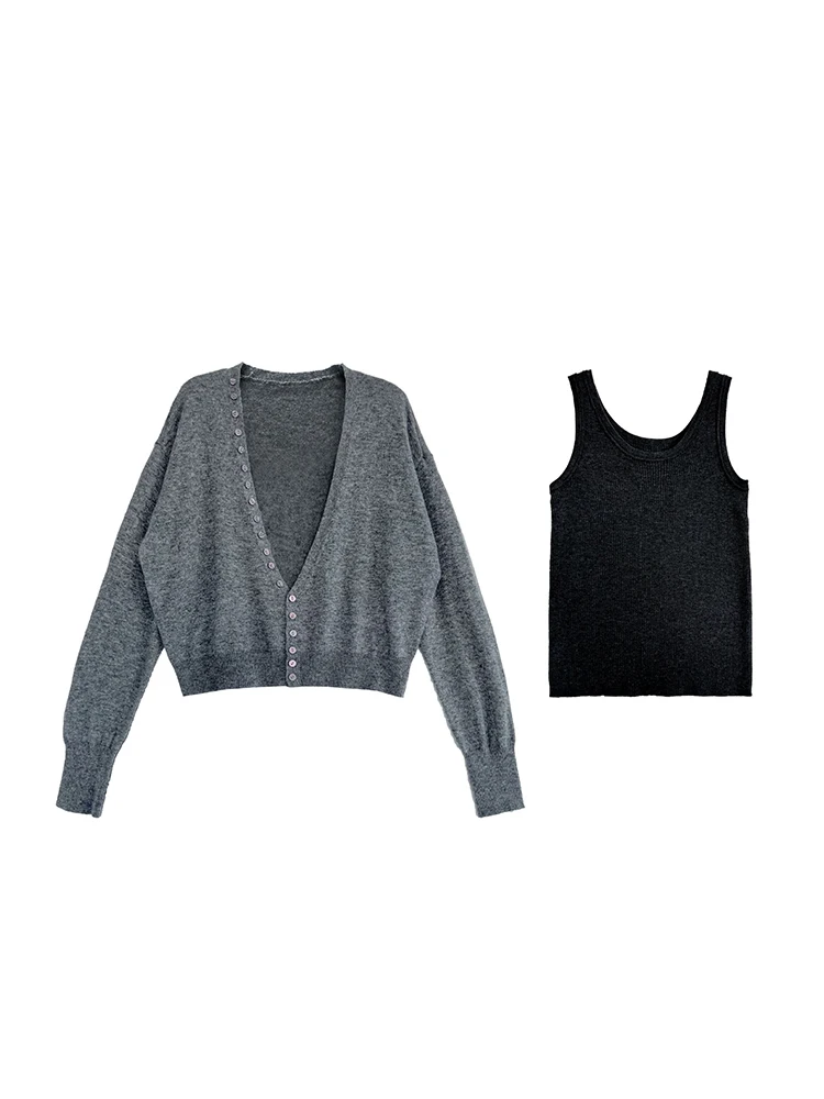 FANAN Office Lady 2 Piece Wool Knitting Tops For Women Sleeveles Slim Vest+single Breasted Cardigan Coats 2025 Autumn New