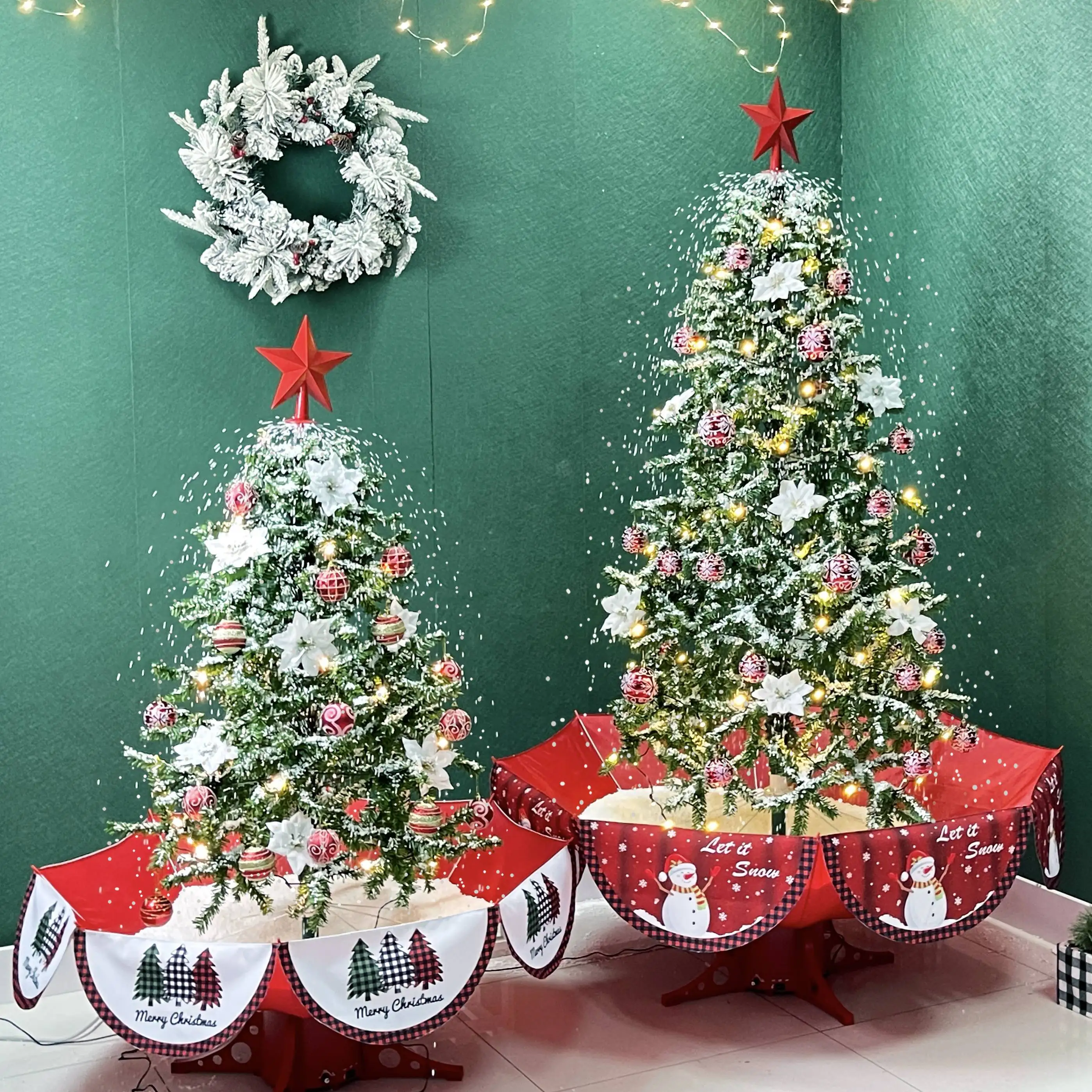 Indoor Christmas tree mall decoration 1.9 meters artificial green heavy snow Christmas tree with umbrella base