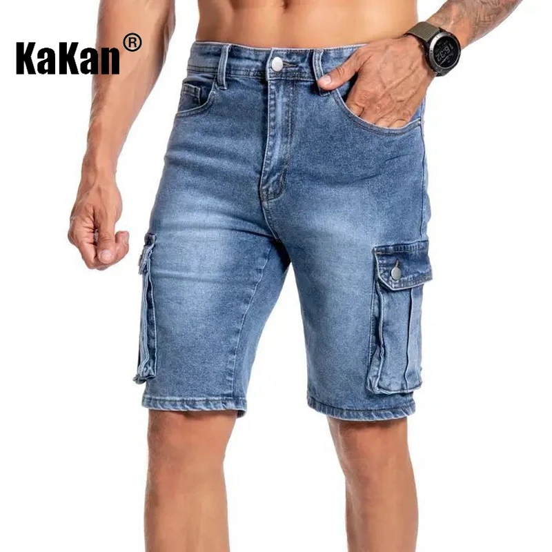 Kakan-y2k Nuevos pantalones vaqueros cortos de verano para hombres, pantalones vaqueros microelásticos con múltiples bolsillos, pantalones vaqueros casuales de 5 direcciones para hombres