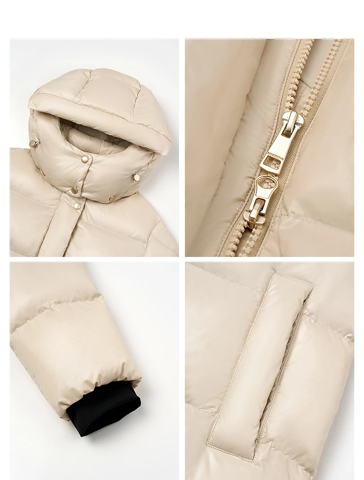 BOSIDENG Women Hooded Short Goose Down Coat 90% Goose Down 700+ Loft Shiny Fabric Adjustable Waist Puff Winter Outerwear