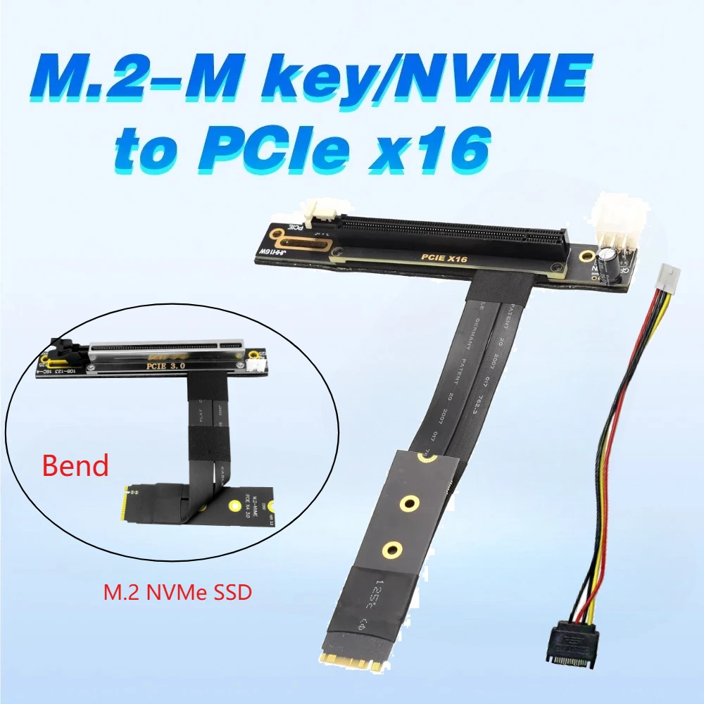M.2 to PCI-E 3.0 x16 Extension Cable Sata Power Cord PCIe x16 to M2 mKey Riser Card for m2 NVME SSD Desktop PC Graphics Card GPU