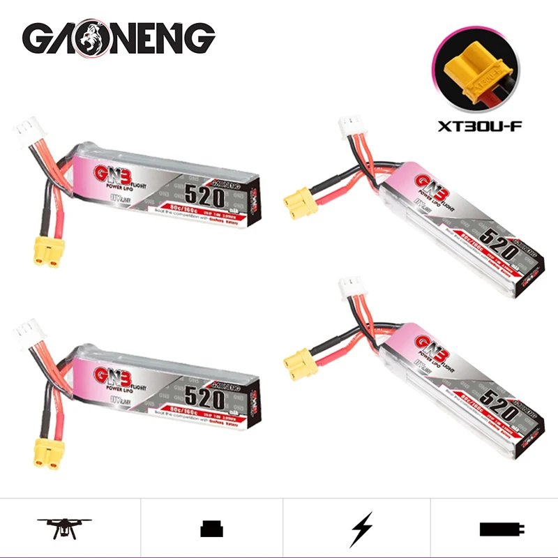 

4Pcs GNB 2S 7.6V 520mAh 80C/160C Lipo Battery With XT30 Plug For Racing Drone FPV Quadcopter Helicopter Model Parts 7.6V Battery