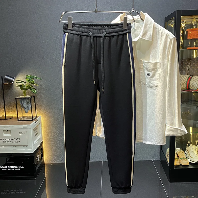 Black Casual Pants Men Ankle-Tied Harem Pants 2023 Autumn and Winter New Fashion Striped Design Drawstring Sports Slimming Pants