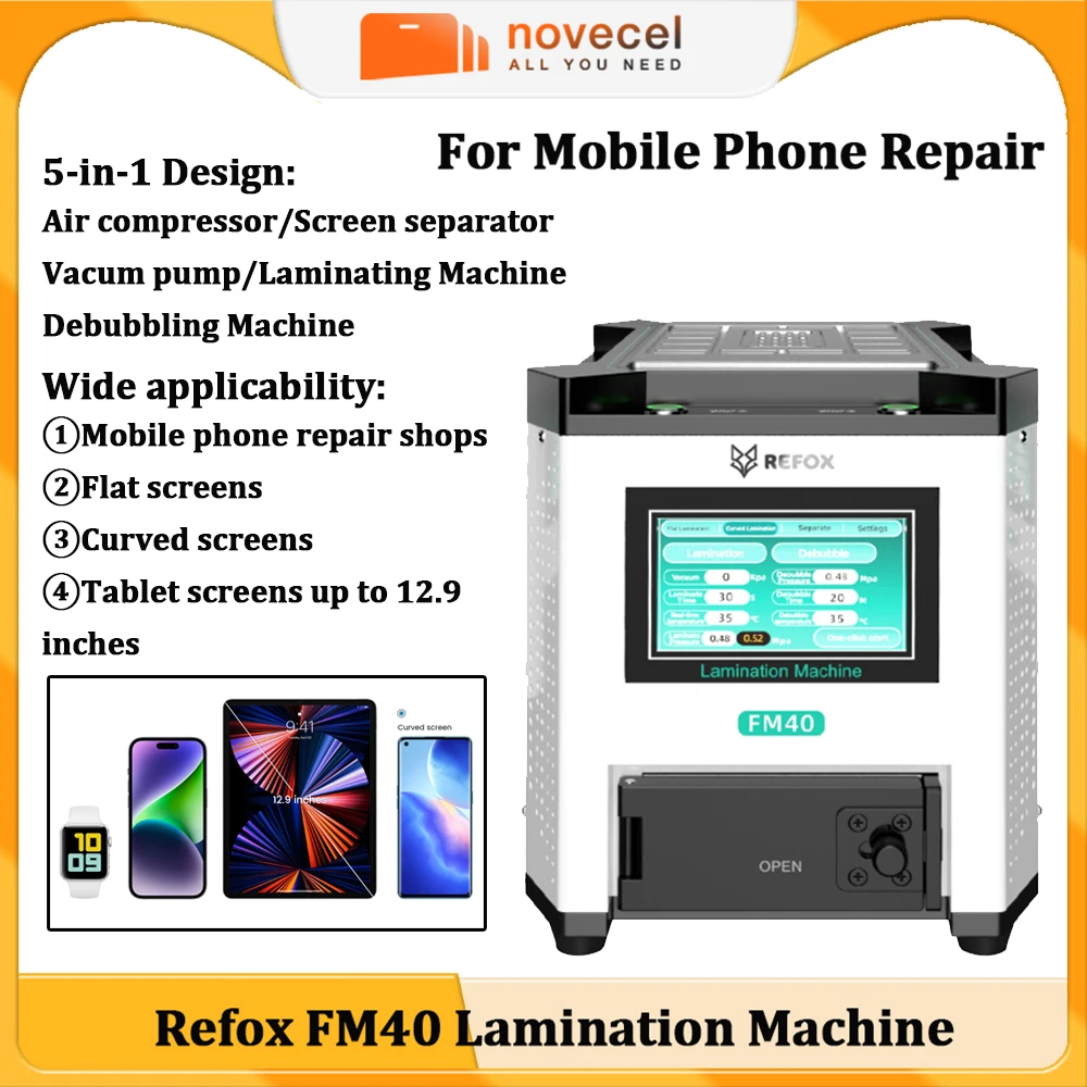 

REFOX FM40 5-in-1 Desktop Laminating Machine Built-in Vacuum Pump Air Compressor for Phone Tablet Curved Screen Refurbish Remove