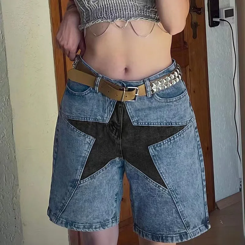 

Women's Denim Pant Street Trend Loose Collision Colour Pentagram Appliqué Denim Middle Trousers High Waisted Jeans Pants 2025