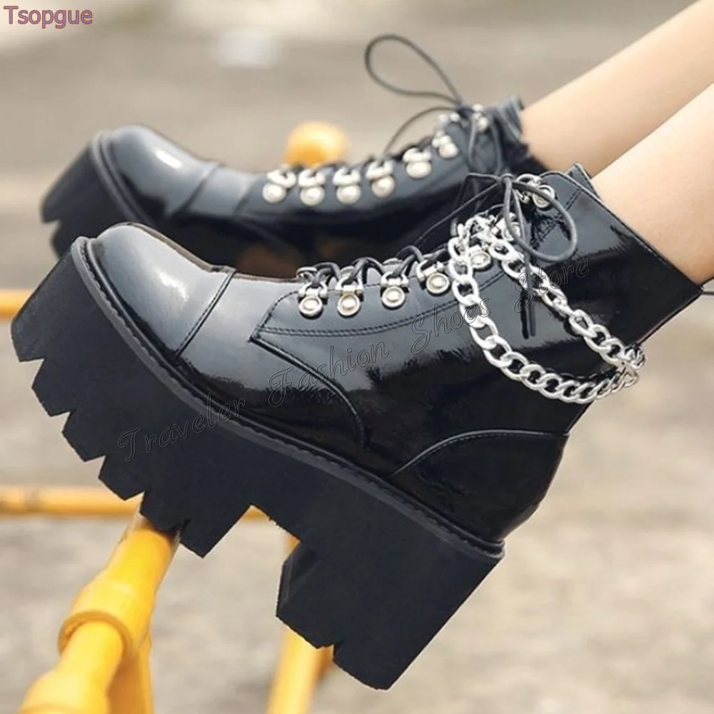 Black Lace up Chain Decor Boots Side Zipper Patent leather Ankle High Heel Shoes for Women Heels 2024 New Zapatos Para Mujere