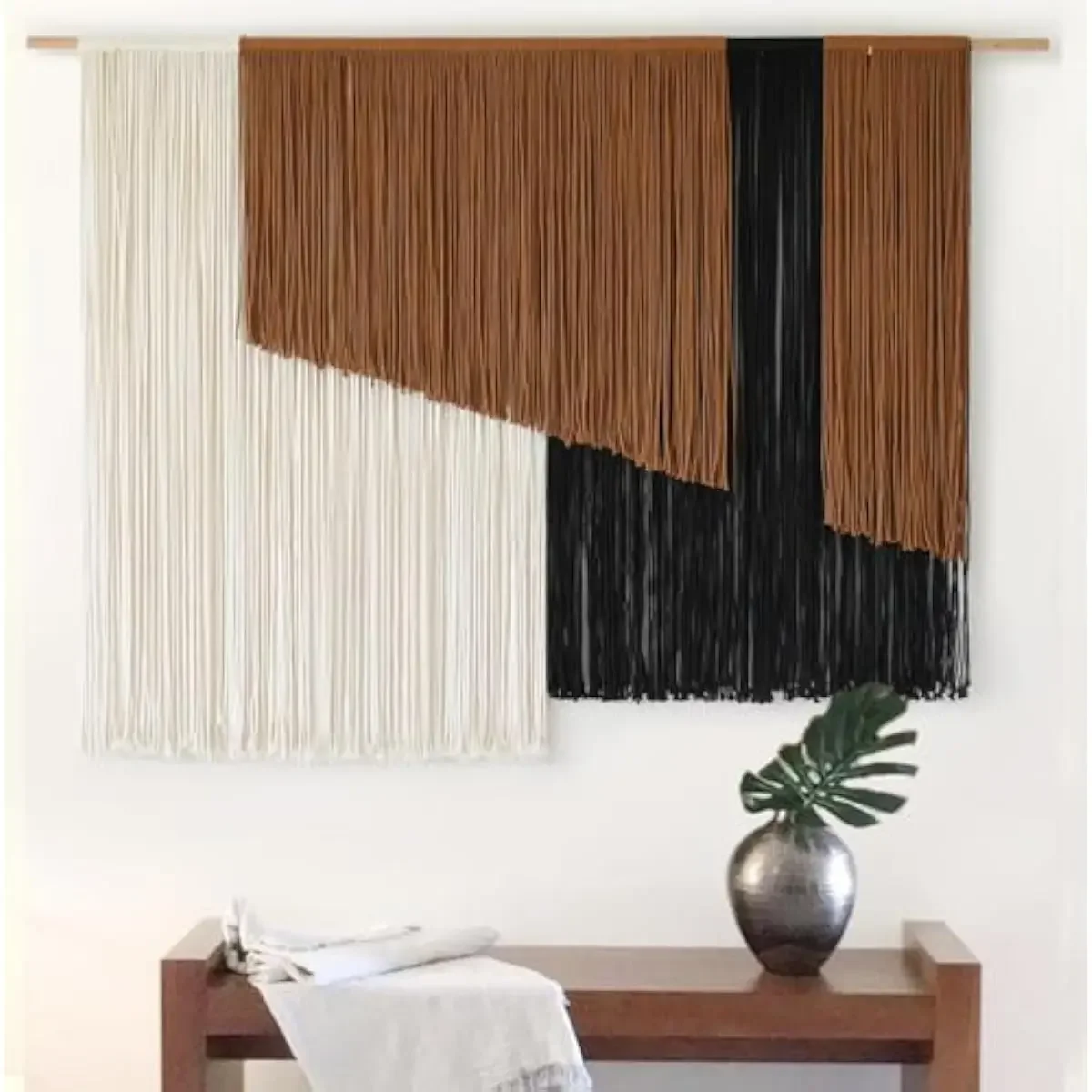 Macrame Wall Art Featuring Handcrafted Dip-Dyed Cotton Fibers in Earthy Brown White and Bold Black Accents Measures 57 Inches Wi