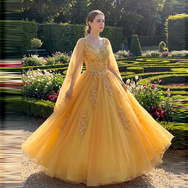 Luxury Golden V‑Neck A‑Line Evening Gown With Delicate Beaded Lace Appliques Elegant Tulle Cape Sleeves For Formal Prom Wedding
