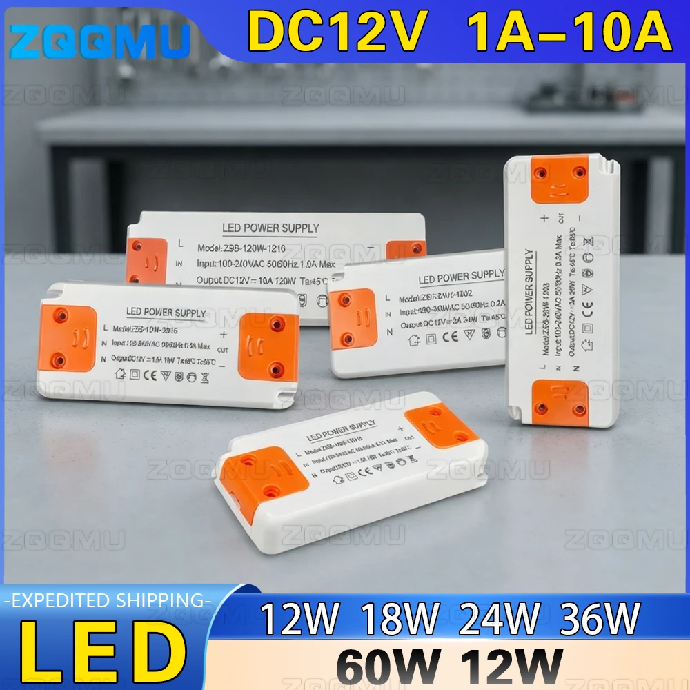 12V LED Driver 12W 30W 60W 120W Power Supply 100-240V to 12V 1A 2A 3A 5A 10A Dimmable Transformer for Cabinet Lighting