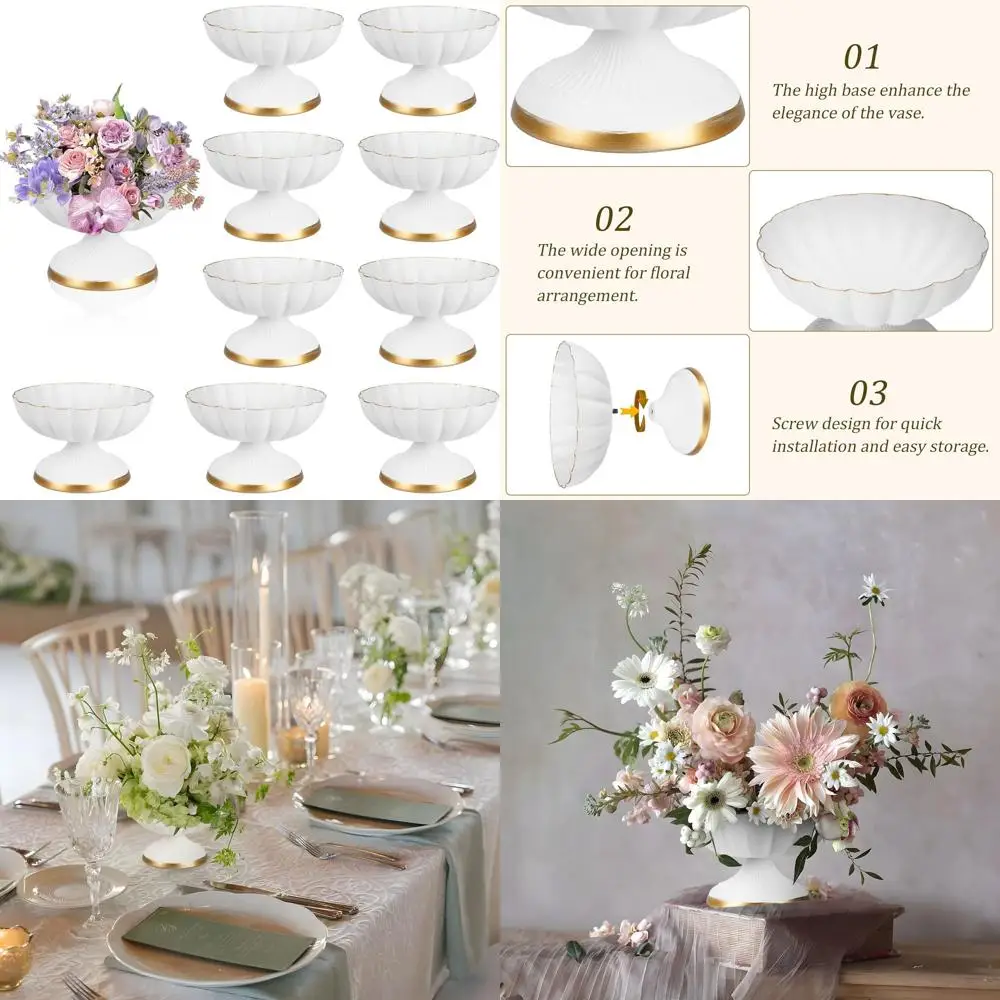 

Set of 10 White 7 Urn-Style Metal Pedestal Vases for Elegant Centerpieces, Perfect for Weddings, Anniversaries, and Home Decor