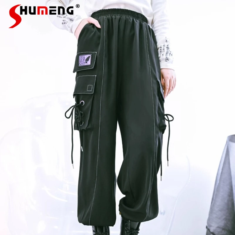 

New Chinese Style Black Cargo Pants For Women's Pockets Tie Design Slimming Jogger Loose Fit Long Pants Lace Up Trousers Ladies