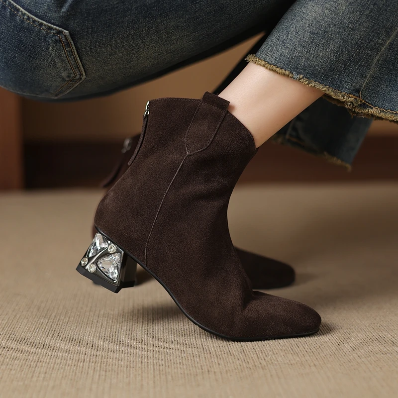 

Women's new leather cow suede rhinestone mid heel plus retro and calf zipper Chelsea short boots fashion western boots